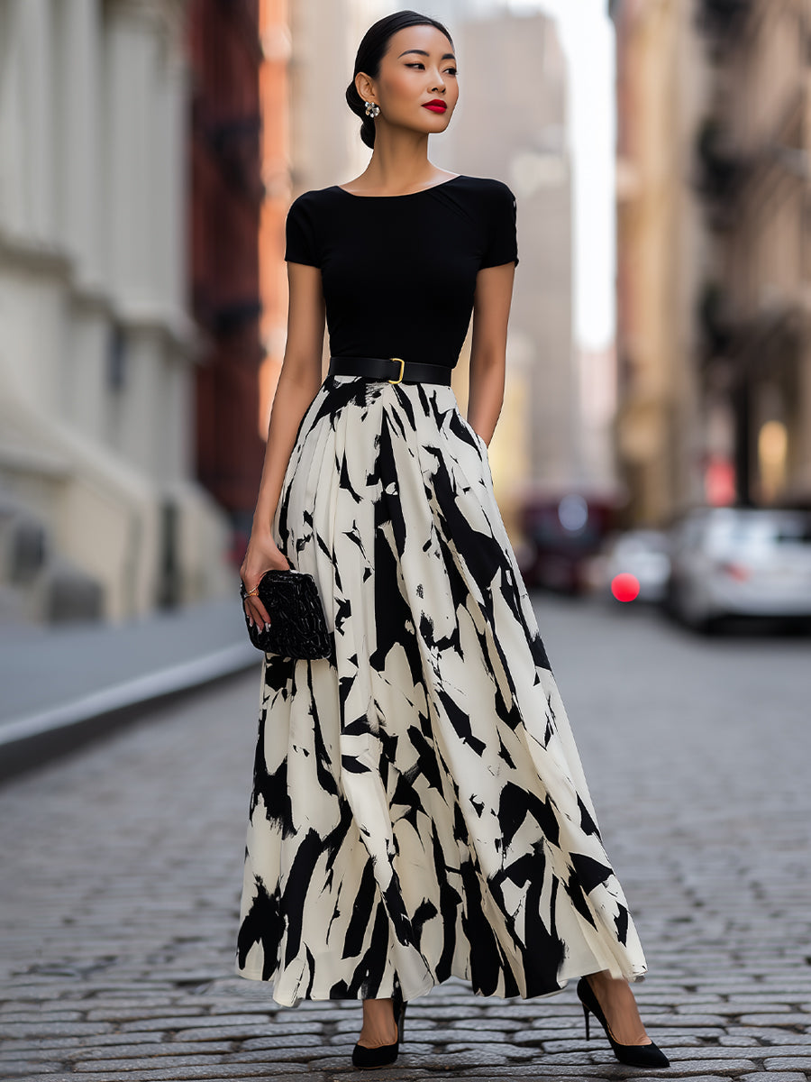 Abstract Print Pleated Maxi Skirt Two-Piece Set