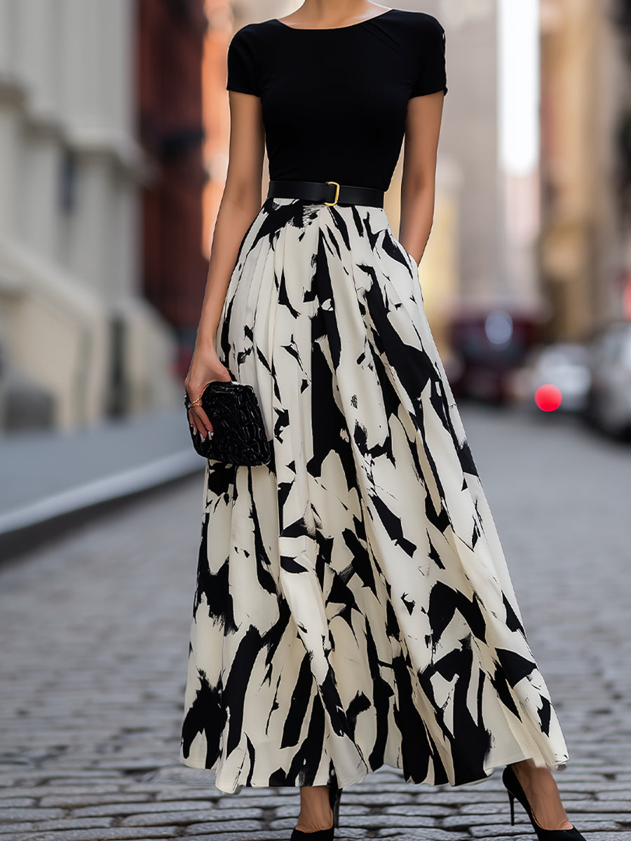 Abstract Print Pleated Maxi Skirt Two-Piece Set