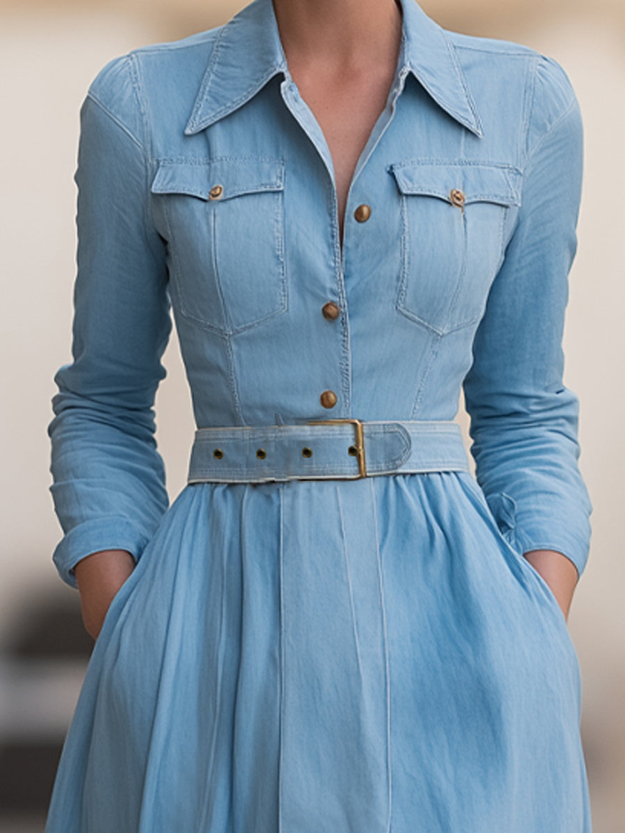 Classic Belted Denim Shirt Dress With Full Skirt