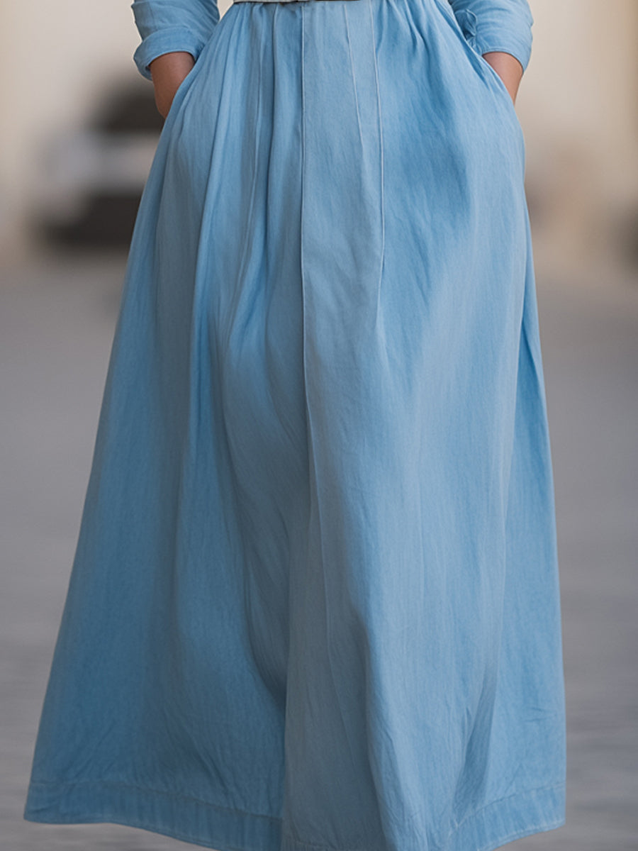 Classic Belted Denim Shirt Dress With Full Skirt
