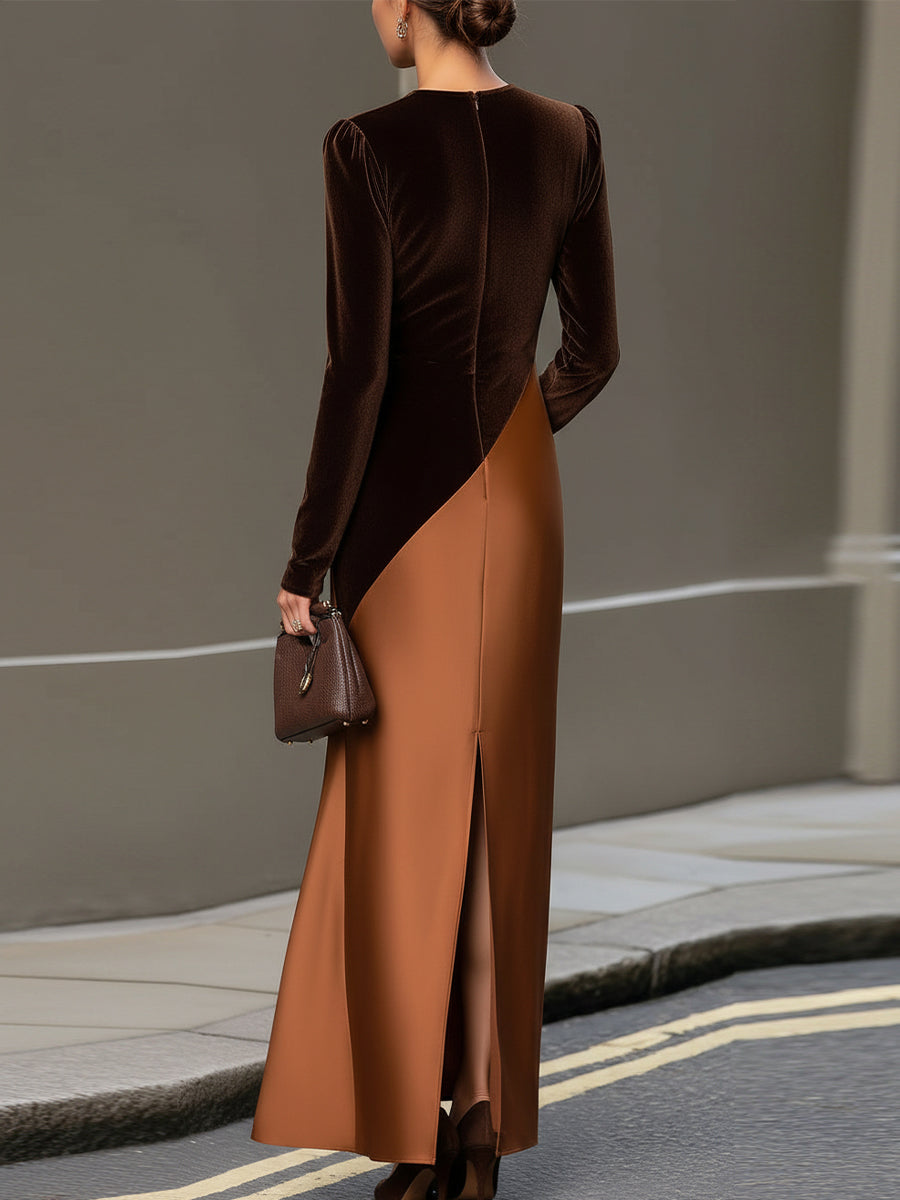 Chocolate Velvet & Satin Color-Block Maxi Dress